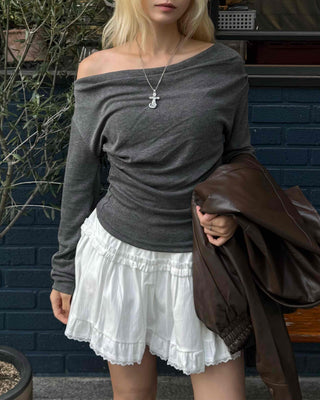 Soft Slouch Neck Ribbed Slim Fit Long Sleeve T-shirt