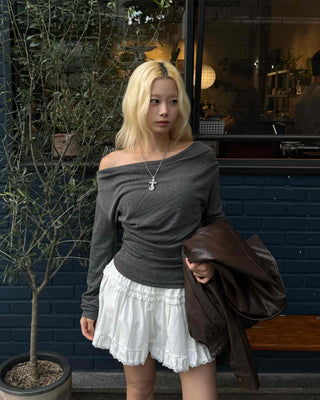Soft Slouch Neck Ribbed Slim Fit Long Sleeve T-shirt