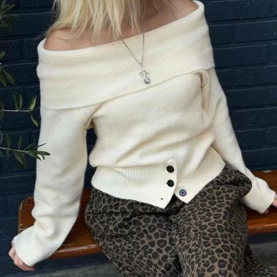 Wide Turtleneck Off-Shoulder Button-Detail Knit