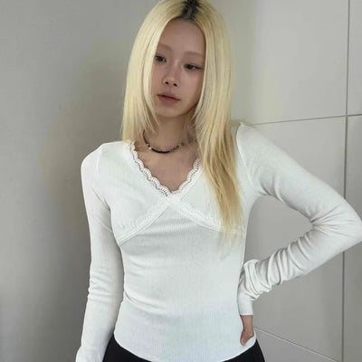 Slim Ribbed Long Sleeve T-shirt with Cross Lace Point