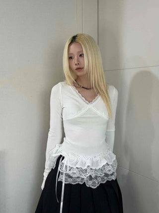 Slim Ribbed Long Sleeve T-shirt with Cross Lace Point