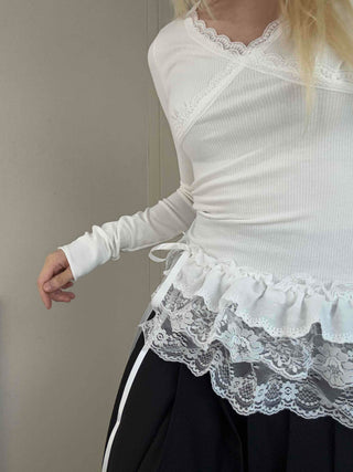 Slim Ribbed Long Sleeve T-shirt with Cross Lace Point