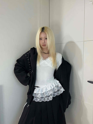 Slim Ribbed Long Sleeve T-shirt with Cross Lace Point