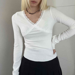 Slim Ribbed Long Sleeve T-shirt with Cross Lace Point