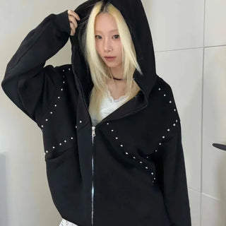 Rock Spirit Neon Stud Line Oversized Zip-Up Hoodie