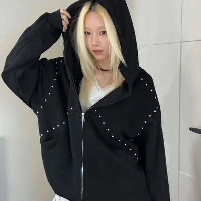Rock Spirit Neon Stud Line Oversized Zip-Up Hoodie