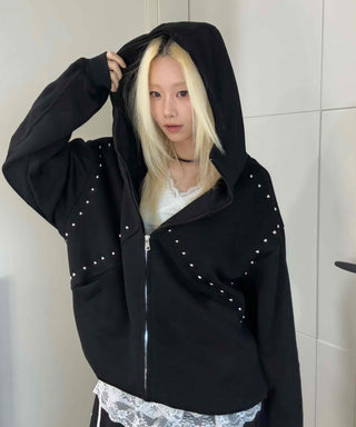 Rock Spirit Neon Stud Line Oversized Zip-Up Hoodie