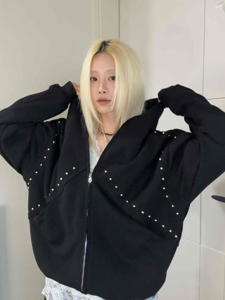 Rock Spirit Neon Stud Line Oversized Zip-Up Hoodie