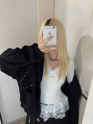 Rock Spirit Neon Stud Line Oversized Zip-Up Hoodie