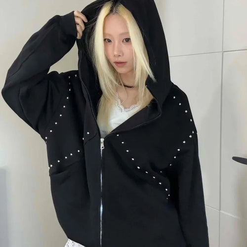 Rock Spirit Neon Stud Line Oversized Zip-Up Hoodie