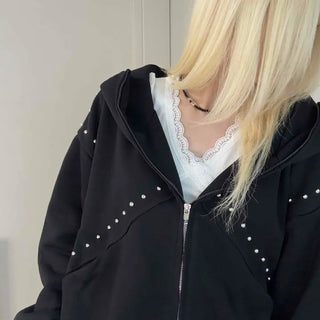 Rock Spirit Neon Stud Line Oversized Zip-Up Hoodie