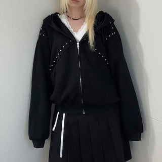 Rock Spirit Neon Stud Line Oversized Zip-Up Hoodie