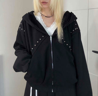 Rock Spirit Neon Stud Line Oversized Zip-Up Hoodie