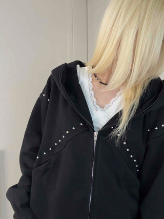 Rock Spirit Neon Stud Line Oversized Zip-Up Hoodie