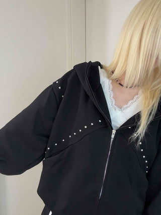 Rock Spirit Neon Stud Line Oversized Zip-Up Hoodie