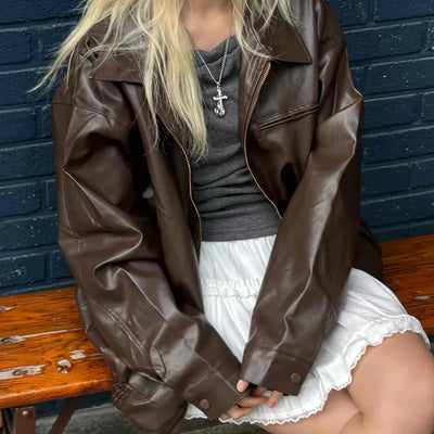 Vintage Oversized Tailor Collar Faux Leather Crop Jacket