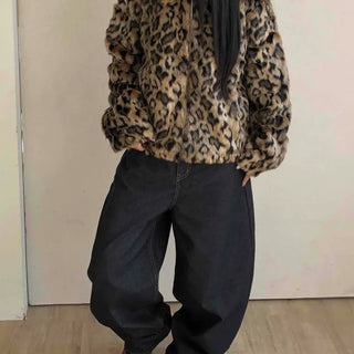 Leopard pattern oversized fur zip-up jumper