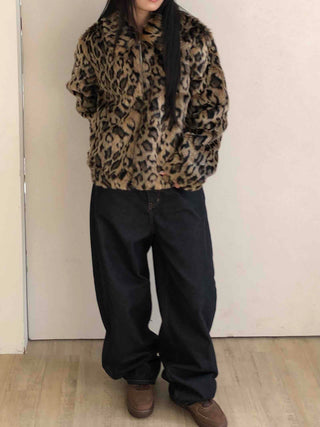 Leopard pattern oversized fur zip-up jumper