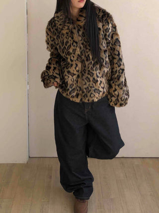 Leopard pattern oversized fur zip-up jumper