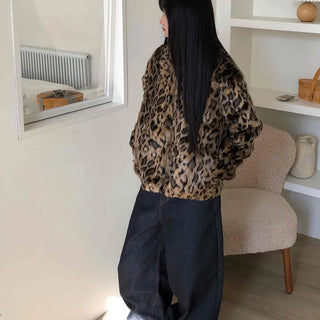 Leopard pattern oversized fur zip-up jumper