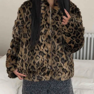 Leopard pattern oversized fur zip-up jumper