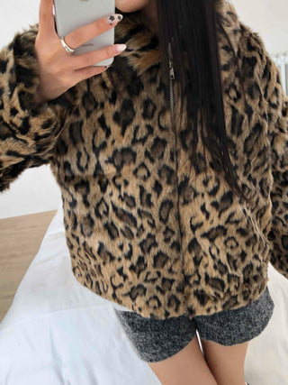 Leopard pattern oversized fur zip-up jumper