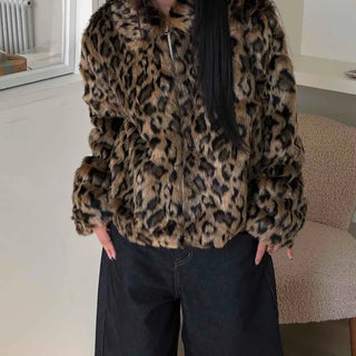 Leopard pattern oversized fur zip-up jumper