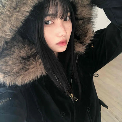 Voluminous Fur Hooded Oversized Velvet Padded Jumper