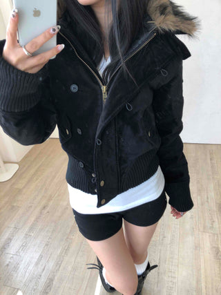Voluminous Fur Hooded Oversized Velvet Padded Jumper