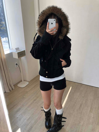 Voluminous Fur Hooded Oversized Velvet Padded Jumper