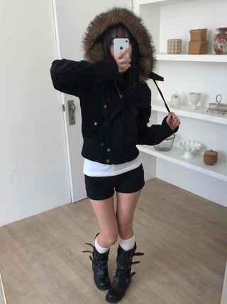Voluminous Fur Hooded Oversized Velvet Padded Jumper