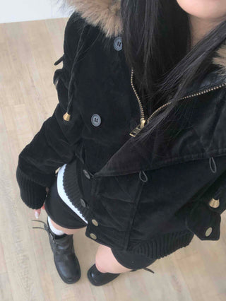 Voluminous Fur Hooded Oversized Velvet Padded Jumper