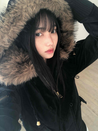 Voluminous Fur Hooded Oversized Velvet Padded Jumper