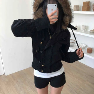Voluminous Fur Hooded Oversized Velvet Padded Jumper