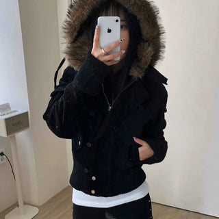 Voluminous Fur Hooded Oversized Velvet Padded Jumper