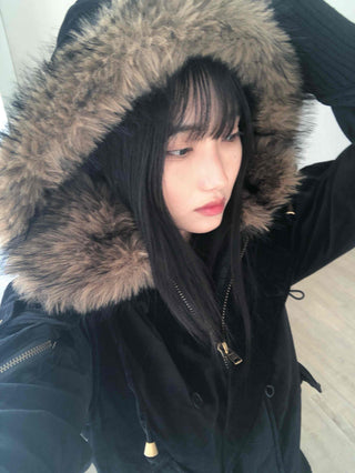 Voluminous Fur Hooded Oversized Velvet Padded Jumper