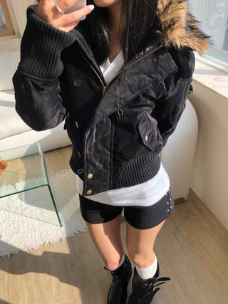 Voluminous Fur Hooded Oversized Velvet Padded Jumper