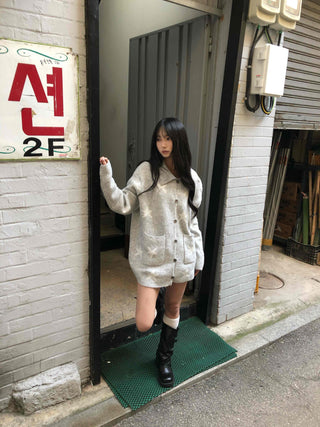Airy Collar Oversized Long Knit Cardigan