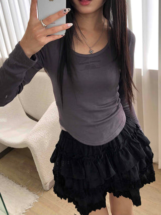 Daily See-through Sheer Round Neck Slim Long Sleeve T-shirt