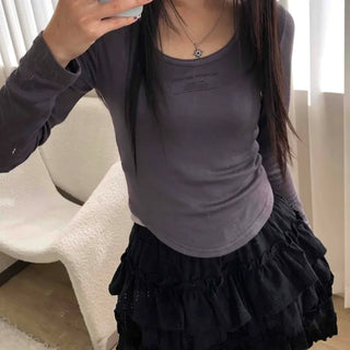 Daily See-through Sheer Round Neck Slim Long Sleeve T-shirt