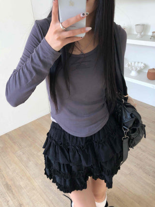 Daily See-through Sheer Round Neck Slim Long Sleeve T-shirt
