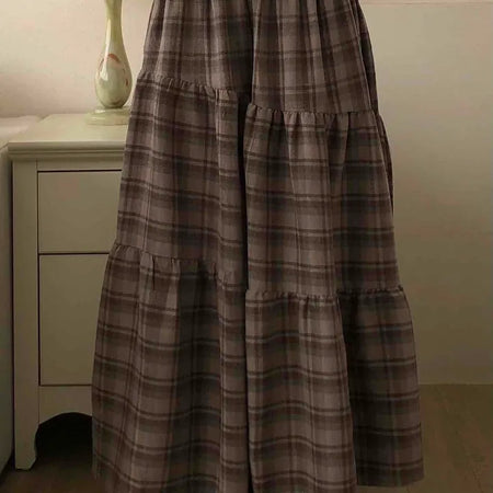 Vintage Campus Check Tiered Elastic Maxi Skirt