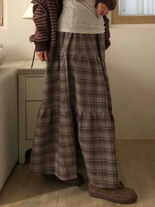 Vintage Campus Check Tiered Elastic Maxi Skirt