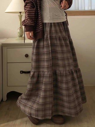 Vintage Campus Check Tiered Elastic Maxi Skirt