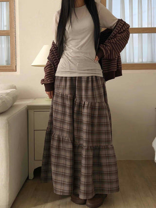 Vintage Campus Check Tiered Elastic Maxi Skirt