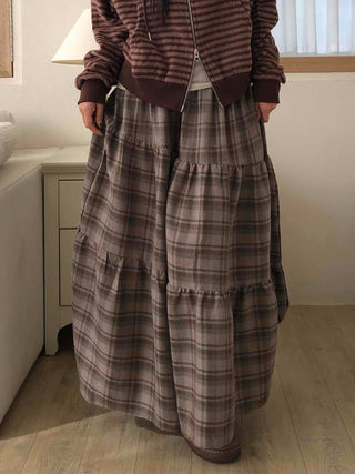 Vintage Campus Check Tiered Elastic Maxi Skirt