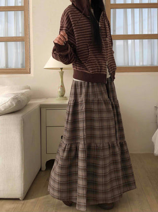 Vintage Campus Check Tiered Elastic Maxi Skirt