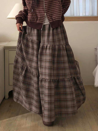 Vintage Campus Check Tiered Elastic Maxi Skirt