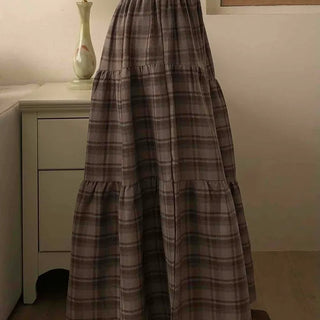 Vintage Campus Check Tiered Elastic Maxi Skirt