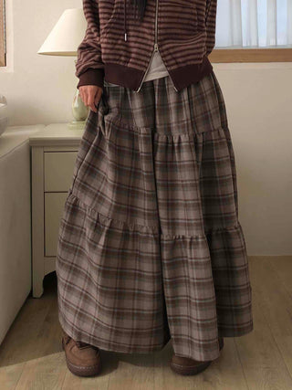 Vintage Campus Check Tiered Elastic Maxi Skirt